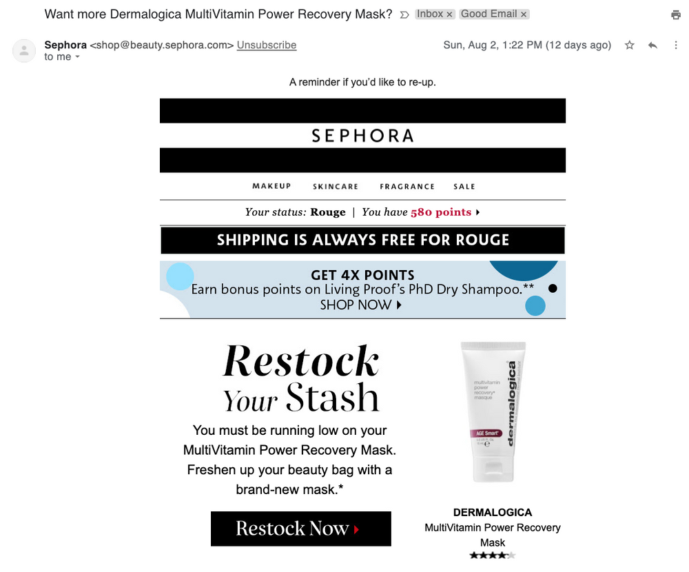 Sephora - Replenishment email